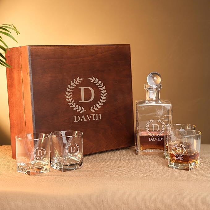 Personalized Whiskey Decanter Set with Custom Whiskey Glasses - Personalized Gifts for Men With Engraved Wooden Box and Whiskey Stones