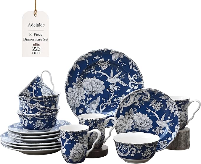 222 Fifth Adelaide 16-Piece Dark Blue Porcelain Dinnerware Set – Service for 4, Plate, Bowl & Mug Set, Bird & Floral Design, for Everyday Dining & Entertainment, Microwave & Dishwasher Safe