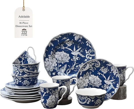 222 Fifth Adelaide 16-Piece Dark Blue Porcelain Dinnerware Set – Service for 4, Plate, Bowl & Mug Set, Bird & Floral Design, for Everyday Dining & Entertainment, Microwave & Dishwasher Safe