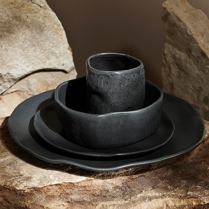 Stone by Mercer Project Atik Modern Stoneware 16-Piece Dinnerware Set, Plate and Bowl Set, Dish set for 4, Charcoal Black Speckled