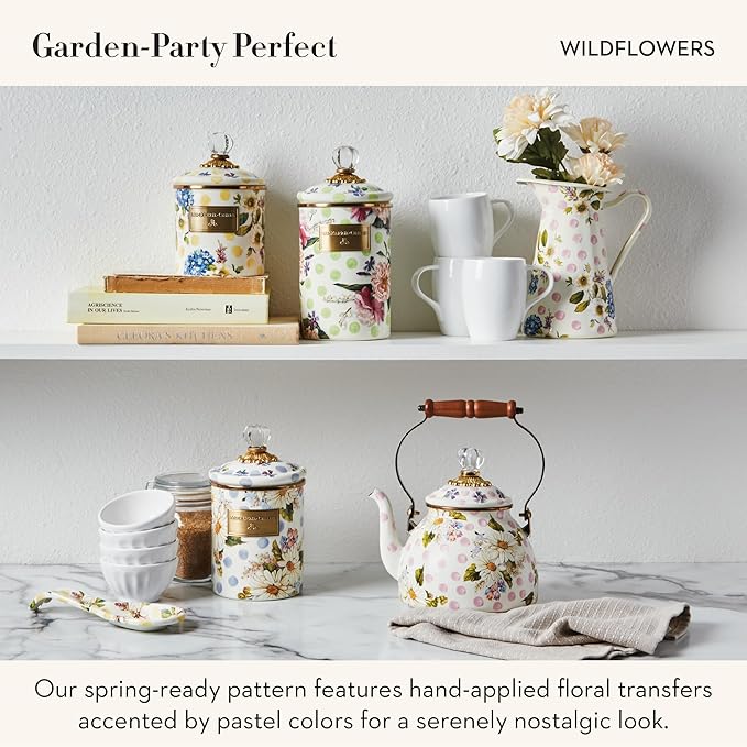MACKENZIE-CHILDS Wildflowers Enamel Canister, Floral Kitchen Storage Container with Lid, Small