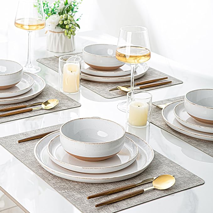 AmorArc 18 Pieces Ceramic Dinnerware Sets for 6, Handpainted Stoneware Plates and Bowls Set with Rustic Terracotta Underside, Scratch Resistant Dishes Set, Dishwasher & Microwave Safe, White
