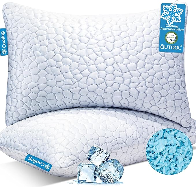 QUTOOL Cooling Pillow for Sleeping 2 Pack, Luxury Shredded Memory Foam Bed Queen Pillows Set of 2, Cool Pillow for Hot Sleepers Adjustable Firm Pillow for Side, Back, Stomach Sleepers Soft Yet Support