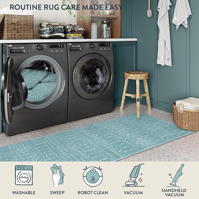Lahome Moroccan Green Runner Rug 2x6 - Washable Non-Slip Hallway Rug Runner Kitchen Throw Untra-Thin Entryway Carpet, Geometric Print Distressed Floor Mat for Hallways Bedroom