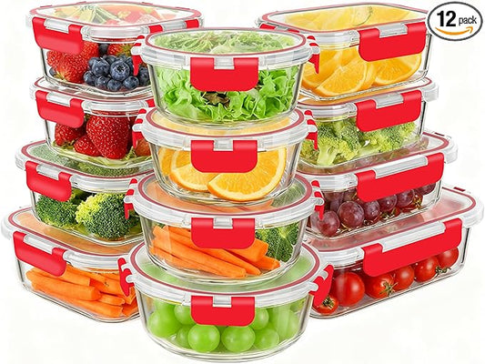 KAMOTA Glass Food Storage Containers, Red Glass Meal Prep Containers, Airtight Containers with Snap-Lock Lids, Set of 12, for Microwave/Oven/Freezer/Dishwasher