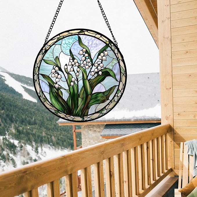 Stained Glass Window Hanging, White Green Lily of The Walley Flowers Sun Catcher for Door Home Decor Plants Suncatcher Christmas Mother's Day Birthday Gifts for Women Men Mom Nana 7.8 in