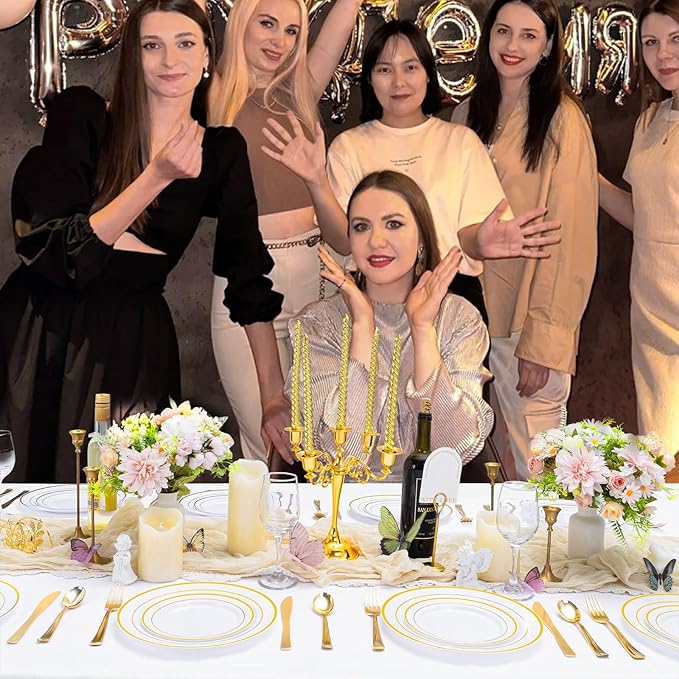 Supernal 102pcs White and Gold Plastic Plates Disaposable Party Plates White Gold Rim Heavy duty, Fancy Gold Plastic Dinnerware Set included 51 Dinner & Dessert Plates for Party,Birthday and Wedding