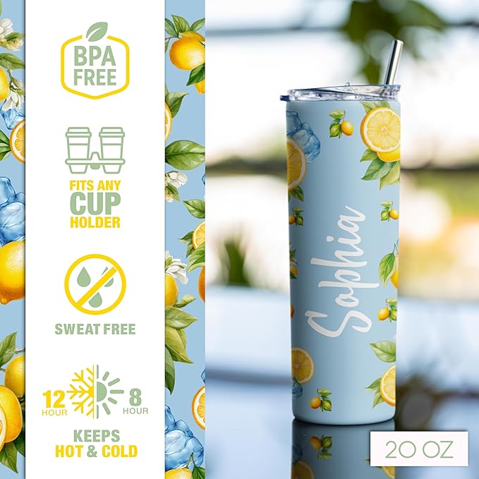 Personalized 20 Oz Skinny Tumbler - Custom Name Skinny Tumbler with Summer Design, BPA-Free Stainless Steel, 6 Designs - Customized Summer Gift