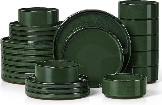 Herogo Plates and Bowls Dinnerware Sets for 8, 24 Pieces Ceramic Stoneware Dinner Dishes Set, Rustic Terracotta Bottom, Dishwasher & Microwave Safe, Dark Green