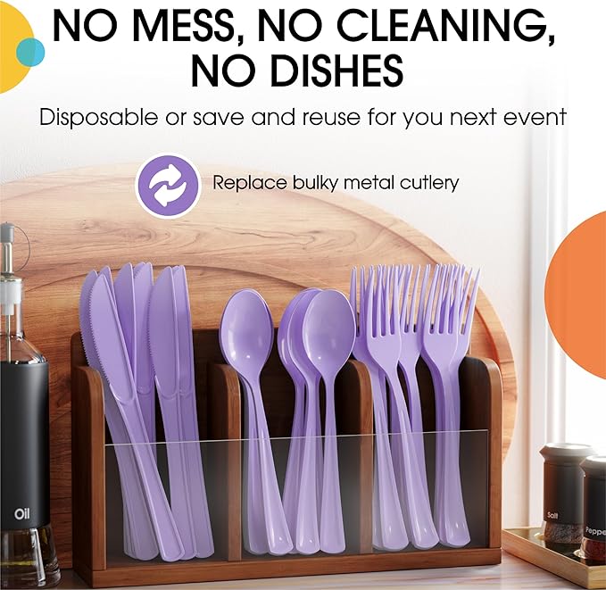 Party Solids Lavender Plastic Silverware Heavy Duty 150 Pieces Lavender Disposable Silverware Heavy Duty, Utensil Sets, 50 Of Each Forks, Knives & Spoons Disposable Cutlery Set For Party Supplies
