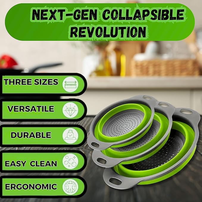 Collapsible Colander Set,Premium Food Grade Silicone Folding Strainers with Handles Space Saving Colanders for Draining Pasta,Vegetables & Fruits,Ideal for Kitchen & Travel (3pc)