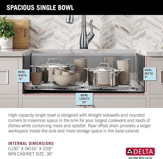 DELTA FAUCET 95B932-32S-SS Lorelai Workstation Kitchen Sink Undermount Stainless Steel Single Bowl with WorkFlow Ledge and Chef’s Kit of 6 Accessories