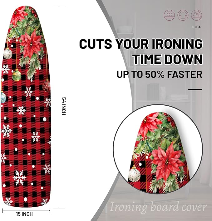 Extra Thick Ironing Board Cover and Pad,Christmas 15x54 Ironing Board Cover, Resist Scorching and Staining,Christmas Snowflake Pine Tree Ball Xmas Red Black Check