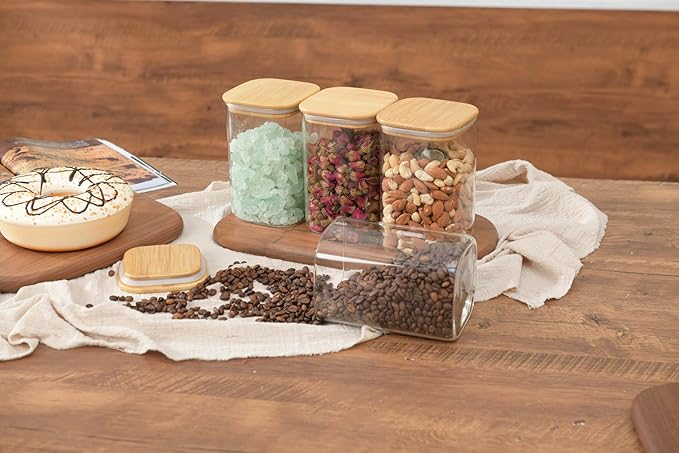 37oz Airtight Glass Square Storage Canister with Bamboo Lid Set of 4 (1100ml) Container Stackable Jar, Kitchen Canister for Pantry Noodles, Flour and Coffee beans (‎with Black Lable)