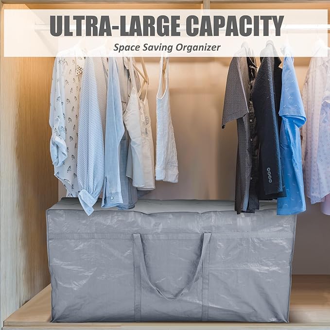 4 Pcs 149 Gallon Large Moving Bags with Zipper and Handles Foldable Storage Duffle Bags Heavy Duty Extra Large Totes for College Dorm Travel Clothes Blankets Bedding Moving (Silver)
