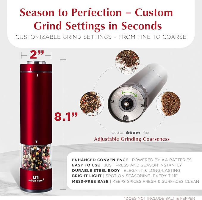 Electric Salt and Pepper Grinder Set - 2 Battery Operated Stainless Steel Mills with Light (Elegant Red Burgundy) - Automatic One Handed Operation - Electronic Adjustable Shakers - Ceramic Grinders