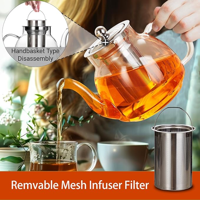 1100ml Glass Teapot with Removable Infuser,37oz Borosilicate Clear Tea Kettle,Stovetop Microwave Safe,Blooming and Loose Leaf Tea Maker Gift