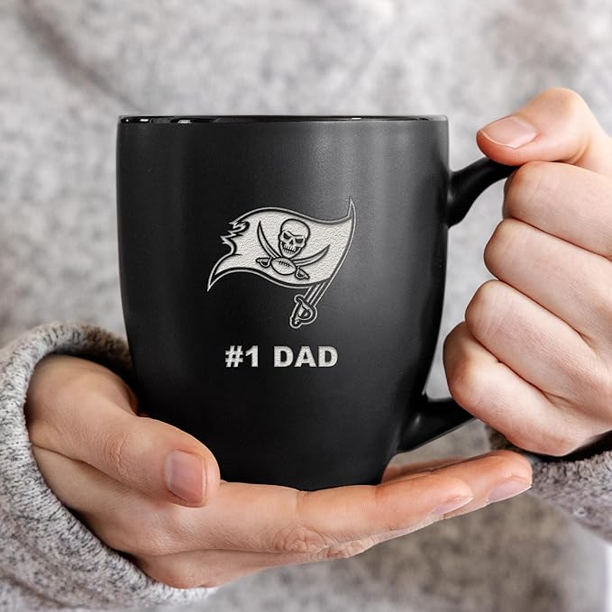 Rico Industries NFL Football #1 Dad 15oz Laser Engraved Matte Black Ceramic Bistro Mug - for Hot or Cold Drinks