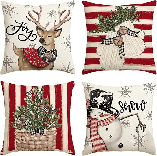 AVOIN colorlife Christmas Snowman Reindeer Gloves Eucalyptus Red Throw Pillow Covers, 20 x 20 Inch Winter Holiday Stripes Cushion Case Decoration for Sofa Couch Set of 4