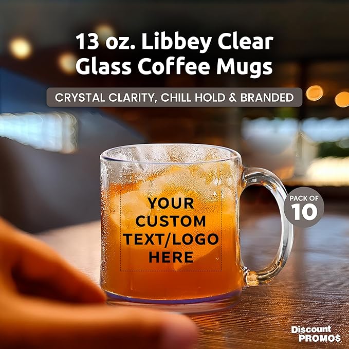 Custom Libbey Clear Glass Coffee Mugs 13 oz. Set of 10, Personalized Bulk Pack - Perfect for Coffee, Tea, Espresso, Hot Cocoa, Other Beverages - Blue Bottom
