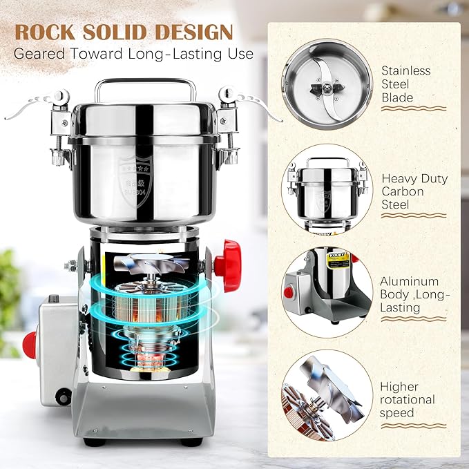 2500G Electric Grain Grinder Mill, 3500W Swing-Type 304 Dry Cereals Pulverizer Makes Dry Goods, Spices, Coffee, Pepper, Etc., Commercial 110V High-speed Superfine Machine (2500G Swing Type)