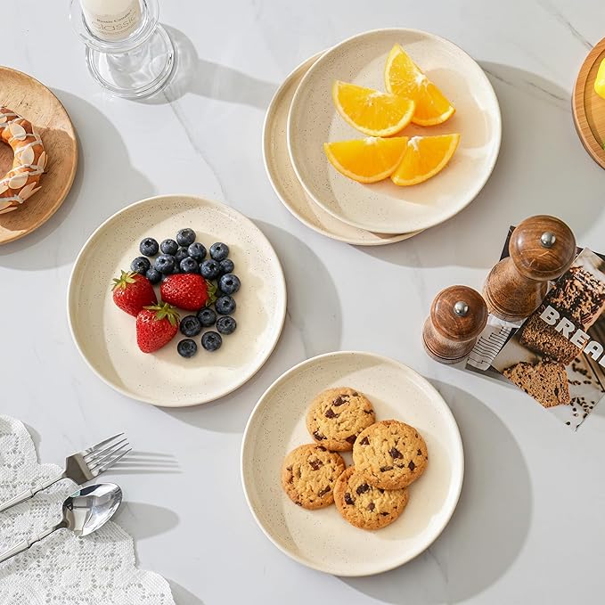 GZG Ceramic Dinner Salad Plates Set of 4, 8 Inch Speckled Dinnerware Dessert Plates with Clay-Tone Base, Microwave Oven Dishwasher Safe