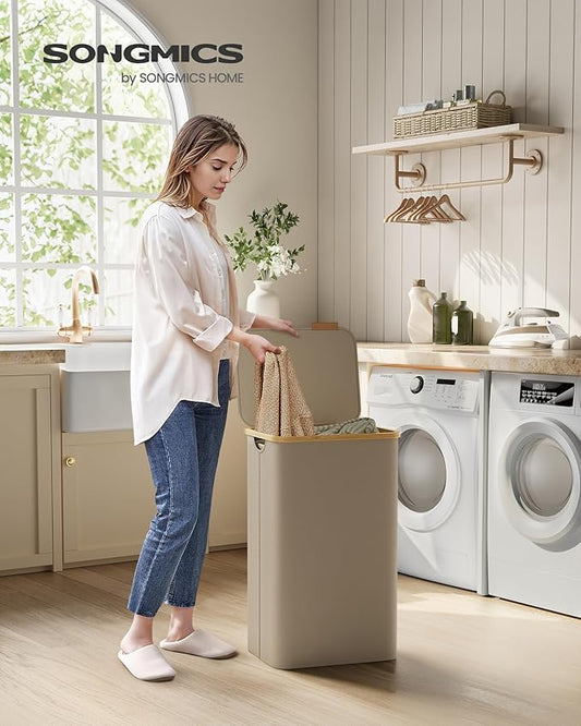 SONGMICS Laundry Hamper with Lid, Large Laundry Basket, 23.8 Gallons (90L), Removable Mesh Liner, Bamboo Handles, Collapsible, 16.5 x 12.6 x 27.8 Inches, Camel Brown ULCB509N01