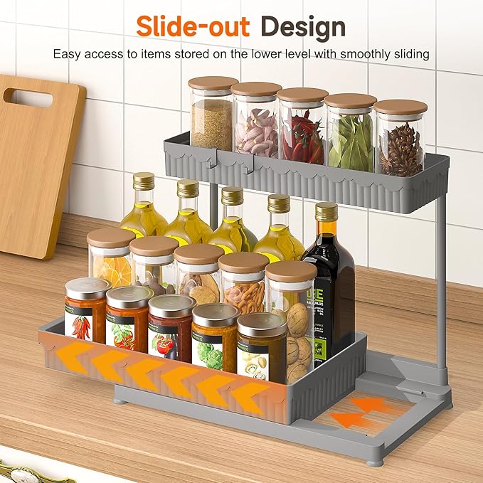3 Pack Multi-Purpose Under Sink Organizers and Storage, 2025 L-Shaped Pull Out Cabinet Organizer for Bathroom & Kitchen, Under Cabinet Organizer with Hooks Hanging Cup, Grey