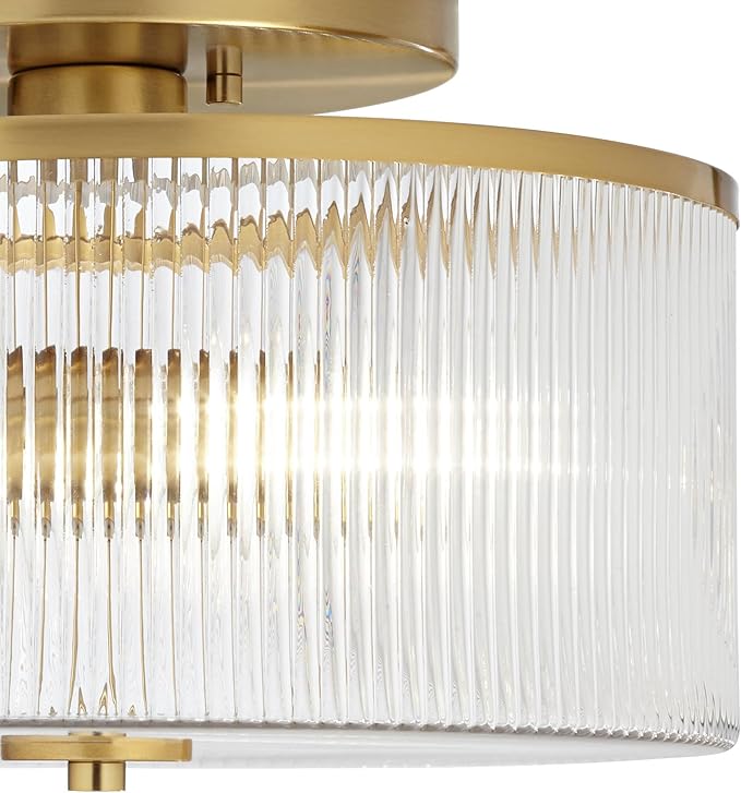 Possini Euro Design McKenzie 14" Mid Century Modern 2-Light Semi Flush-Mount Ceiling Light Fixture Kitchen Foyer Hallway Drum Round Warm Brass Finish Ribbed Glass Metal Bedroom Bathroom Entryway