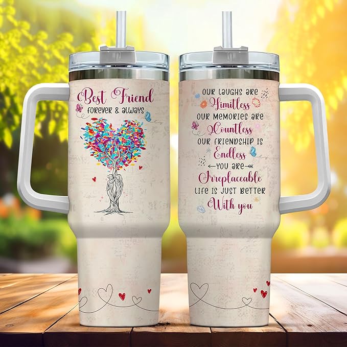 Tumbler 40 Oz With Handle Lid And Straw, Butterfly Funny Handle For Steel Stainless Coffee Women Yellow Heart Tumblers Cups Friends, Best Friend Tree Colorful
