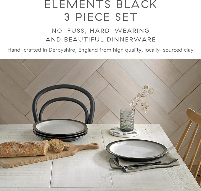 Denby - Elements Black 3 Piece Set For 1 - Contemporary One Person Ceramic Tableware - Dishwasher & Microwave Safe, Scratch Resistant Stoneware - Includes 1 x Large Plate, Side Plate & Cereal Bowl