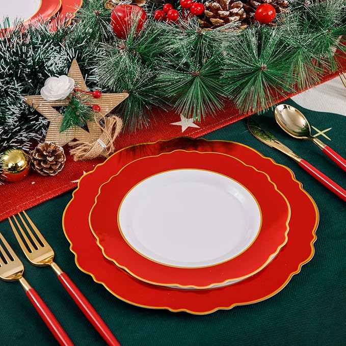 WDF 30Guest Red Christmas Plates - Gold Plastic Silverware With Red Handle - Christmas Plates Disposable- Baroque Plastic Dinnerware for Party