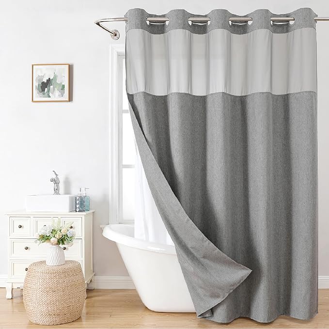 No Hooks Needed Linen Textured Shower Curtain with Snap-in Fabric Liner Set,Grey Hotel Luxury Decor Shower Curtains for Bathroom,Waterproof & Washable,71Wx77H
