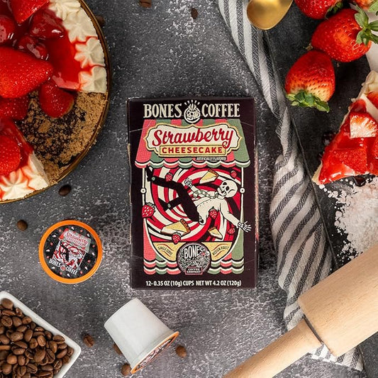 Bones Coffee Company Strawberry Cheesecake Flavored Coffee Pods, Low Acid Medium Roast Single-Serve Bones Cups, Compatible with 1.0 & 2.0 K-Cups Brewers Coffee Maker, 12 Count