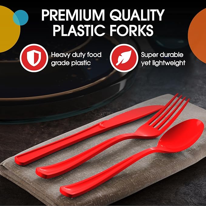 Party Solids Red Plastic Silverware Heavy Duty 150 Pieces Red Disposable Silverware Heavy Duty, Utensil Sets, 50 Of Each Forks, Knives & Spoons Disposable Cutlery Set For Party Supplies