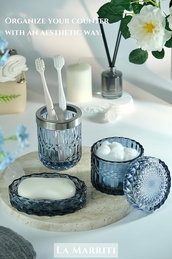 Blue Bathroom Accessories Set, 4Pcs Clear Glass Bathroom Accessories, Lotion Soap Dispenser Set, Toothbrush Holder, Qtips Holder, Soap Dish for Crystal Modern Bath Decor, Set