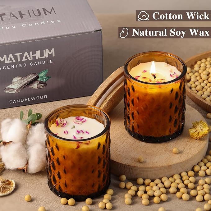 2 Pack Sandalwood Scented Candles for Home Decor, 6.5oz Natural Soy Wax Aromatherapy Jar Candles, Housewarming Gift for Women