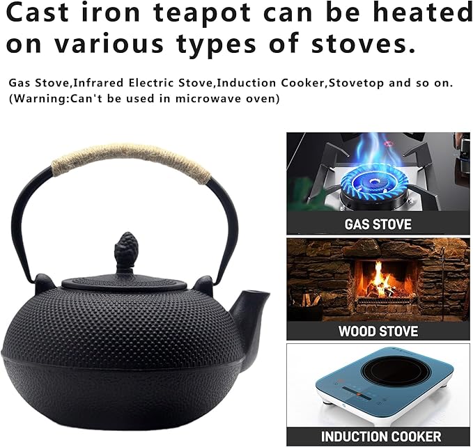 YJX 101 fl oz Extra Large and Heavy Cast Iron Teapot for Stovetop Safe, Black Tea Kettle with Stainless Steel Tea Balls for Loose Tea, Cast Iron Tea Pot for 6 to 10 People, 3000ml Japanese Tetsubin