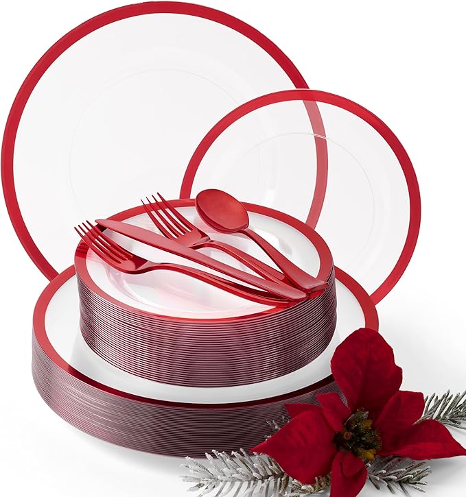 By Madee HEAVYWEIGHT 150 PC Christmas Plastic Plates and Cutlery | Clear and Red Christmas Dinnerware Set | Fancy Disposable Plates for Weddings, Birthdays & Holiday (25 Guests)