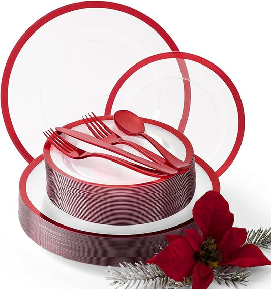 By Madee HEAVYWEIGHT 150 PC Christmas Plastic Plates and Cutlery | Clear and Red Christmas Dinnerware Set | Fancy Disposable Plates for Weddings, Birthdays & Holiday (25 Guests)