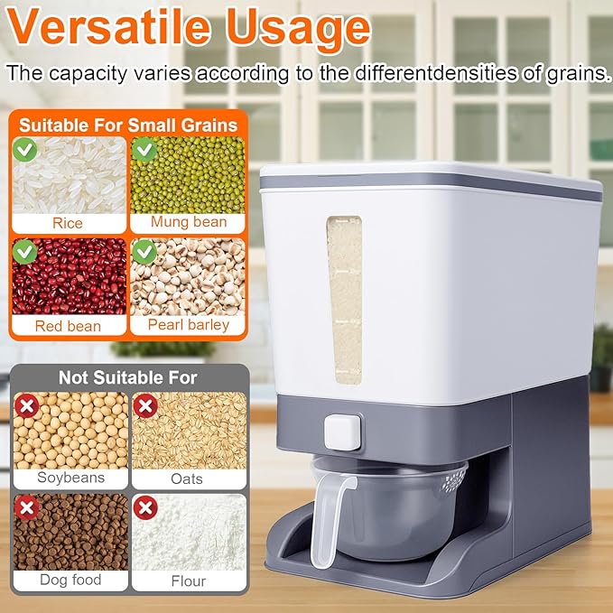 Mity rain Rice Dispenser 20-25 Lbs with Moisture Absorbing Clay, Rice Storage Container with Measuring Cup, Cereal Containers Storage Airtight for Kitchen Pantry Organization
