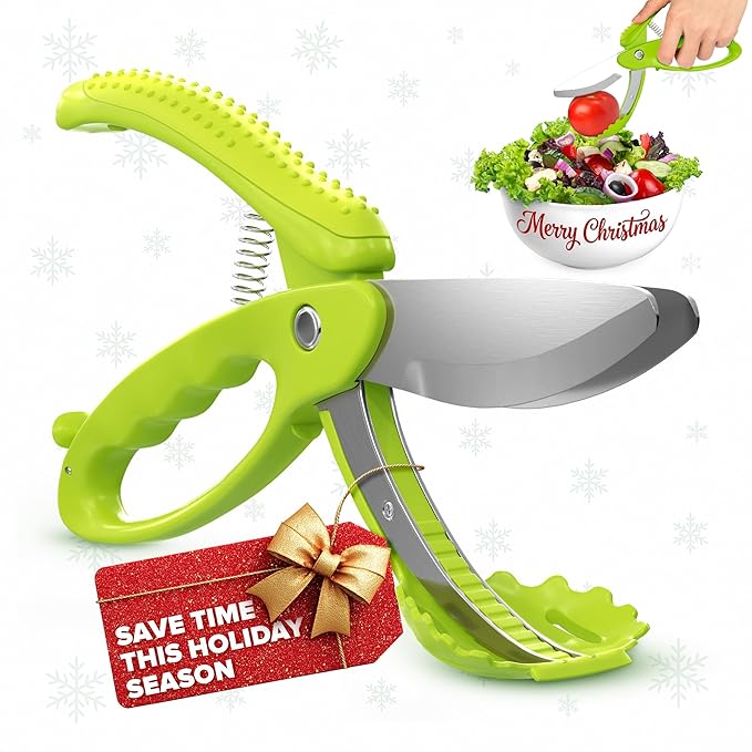 Salad Scissors for Chopped Salad – Multiblade Food Scissor Chopper With Spring-Loaded System & Anti-Slash Head for Fast Double Cutting – 8.9" Handy Size Lettuce Chopper, Stainless Steel Blades