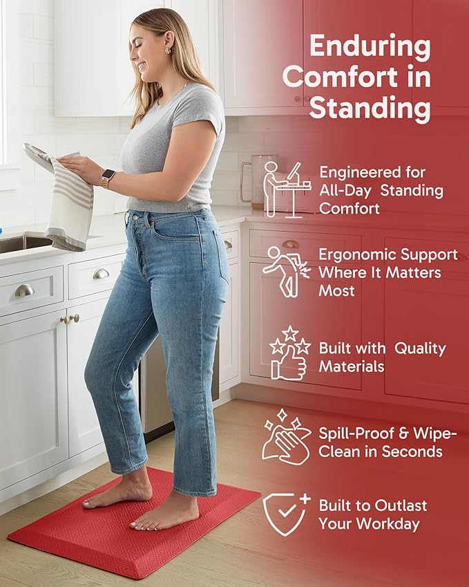 Ophanie Kitchen mats for Floor, 3/4 inch Thick, Kitchen Rugs, 20''x48'' Anti Fatigue Standing Cushioned Mat, Waterproof,Comfort Ergonomic mat for Office, Home, Sink, Red Non-Slip Bottom