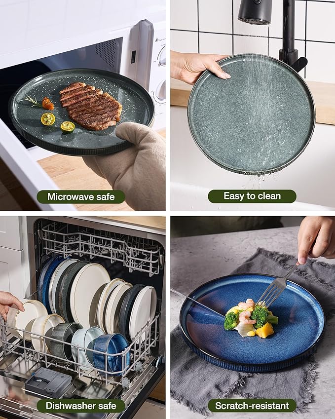famiware Star Dinnerware Set, Plates and Bowls Sets for 8 (24pcs), Ribbed Stoneware Dishes - Chip & Scratch Resistant, Microwave & Dishwasher Safe, Deep Forest
