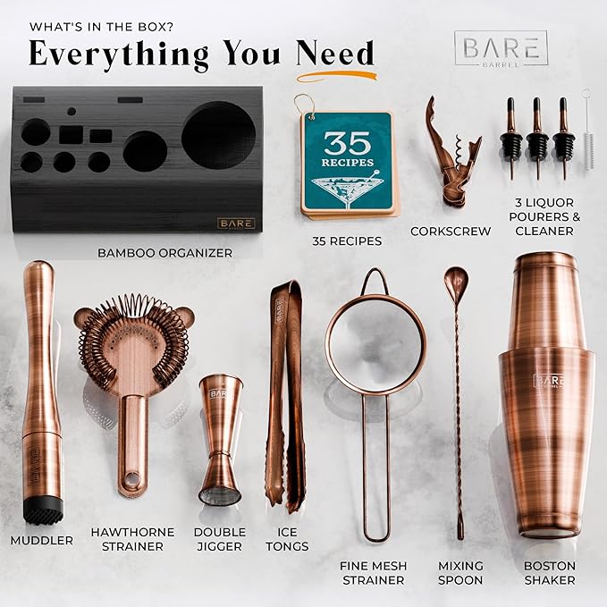 BARE BARREL® Mixology Bartender Kit Bar Set | 14-Piece Cocktail Shaker Set | Martini Barware Mixing Tools for Home Bartending | Incl. 35 Recipe Cards | Gift Set (28oz Boston Shaker, Copper/Black)