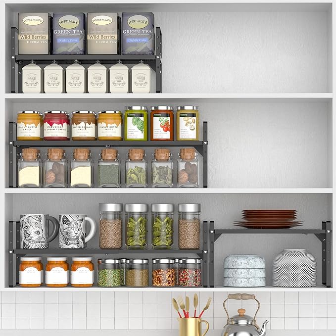 Redrubbit Expandable Cabinet Storage Shelf, Adjustable Height Steel Metal Kitchen Counter Organizers Shelves Spice Rack for Kitchen Pantry Bathroom Cupboard Desk Home Office, Black-3 Pack