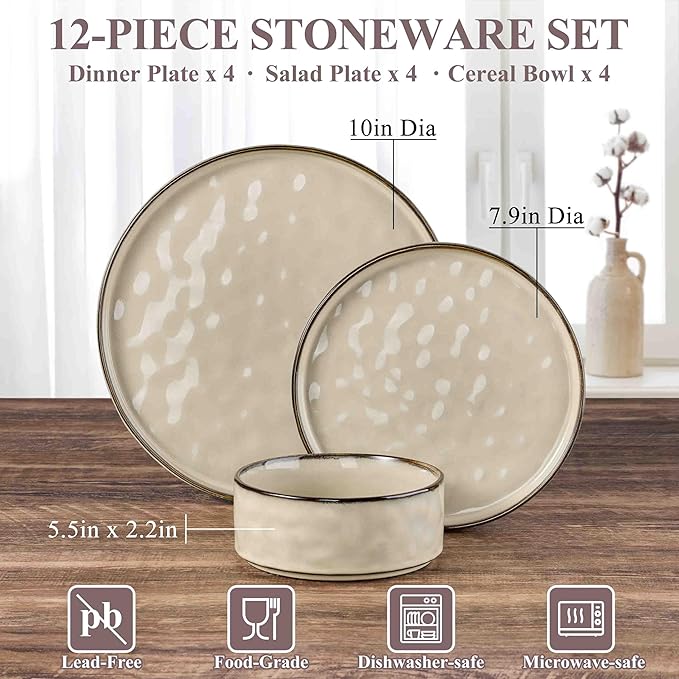 Herogo Dinnerware Dishes Sets for 4, 12 Pieces Ceramic Plates and Bowls Sets, Kitchen Dining Dishes, Dishwasher & Microwave Safe, Cream Khaki