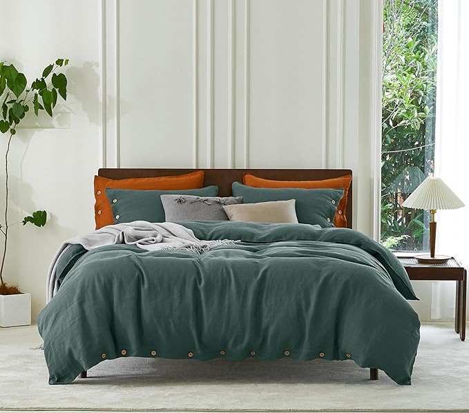 EVERLY 100% Pure Linen Duvet Cover Set Twin Size 68X90Inch 2pcs (1 Duvet Cover,1Pillowcases) Soft and Breathable for All Season with Coconut Button Closure, Suitable for Hot Sleepers-Aqua