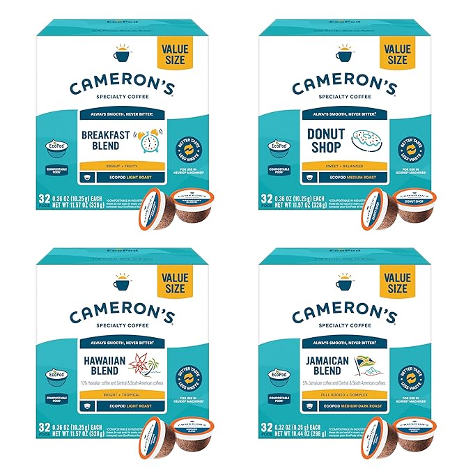 Cameron's Coffee Single Serve Pods, Variety Pack of Donut Shop, Breakfast Blend, 10% Hawaiian Blend, Jamaican Blend, 128 Count