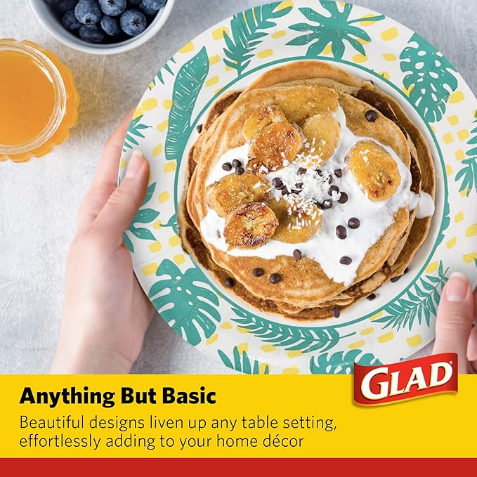 Glad Round Disposable Paper Plates, Palm Leaves Pattern - Strong, Sturdy, Soak Proof, and Microwavable Decorative Plates for Dinner and Everyday Use, 10 Inch, 50 Count - 12 Pack
